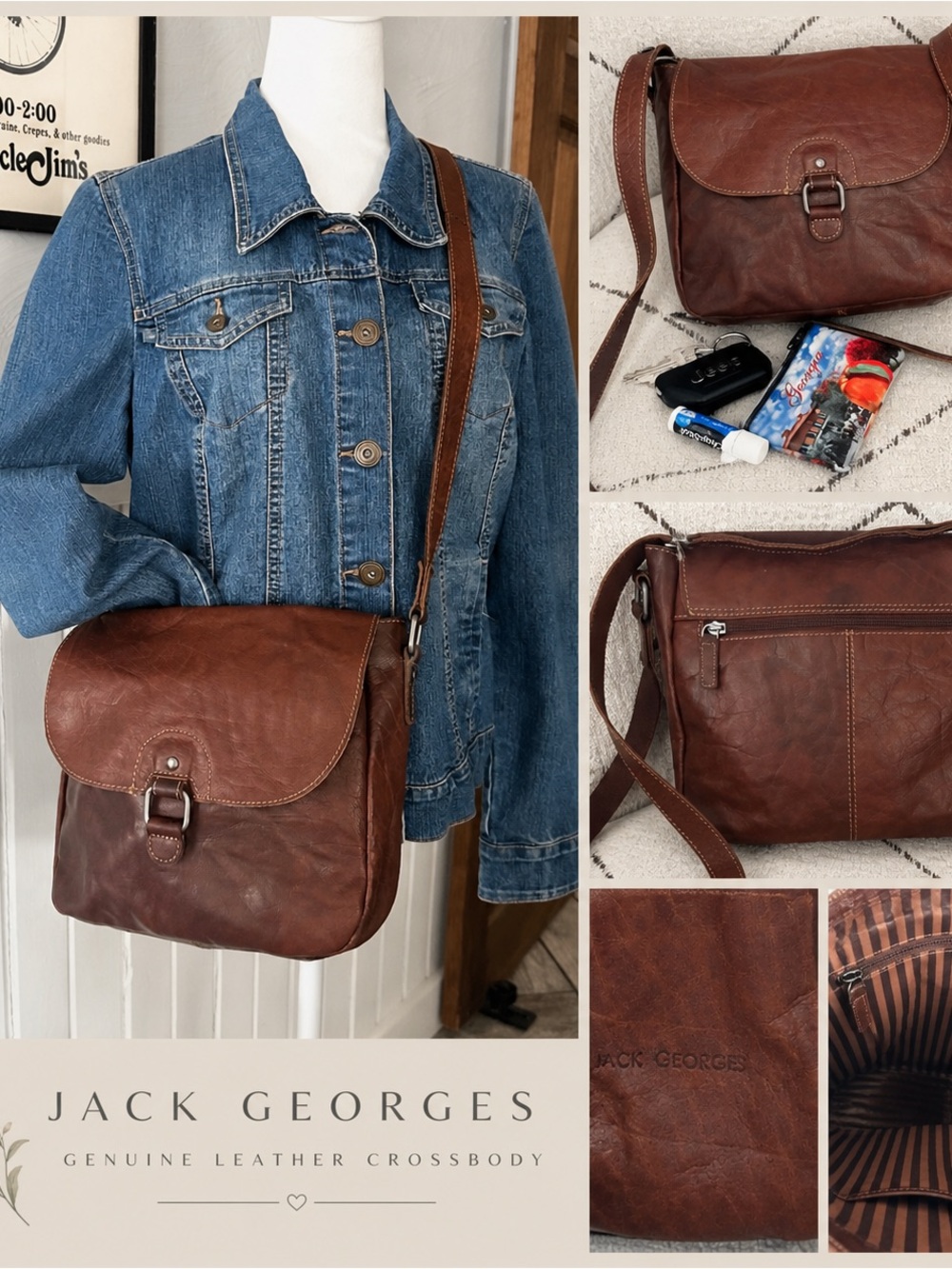 Jack Georges Leather Crossbody Bag Western Chic Saddle Brown Messenger Purse
